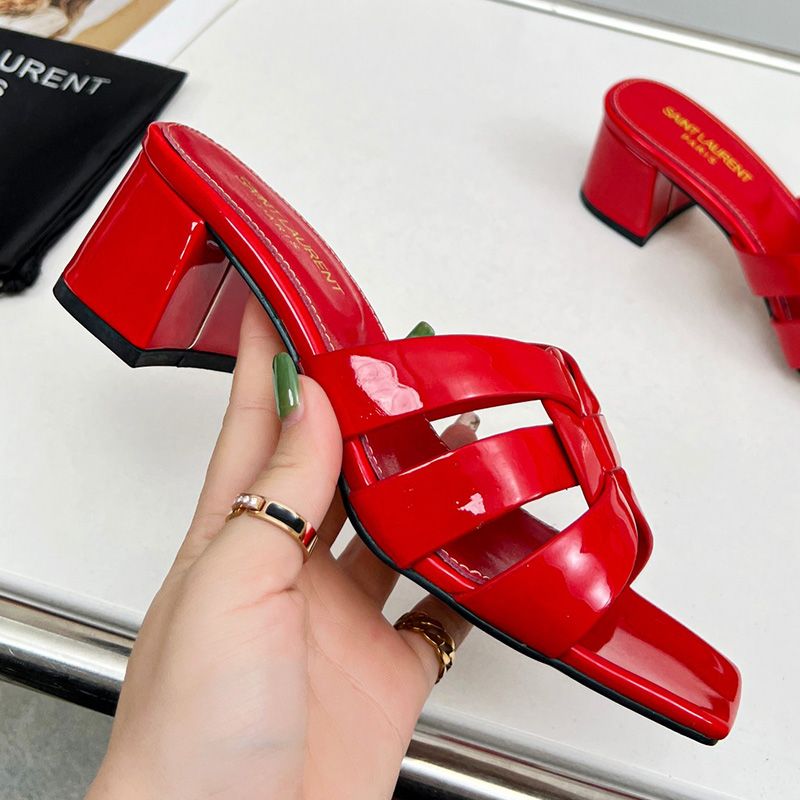 Saint Laurent Tribute Heeled Slides Women Patent Leather Red