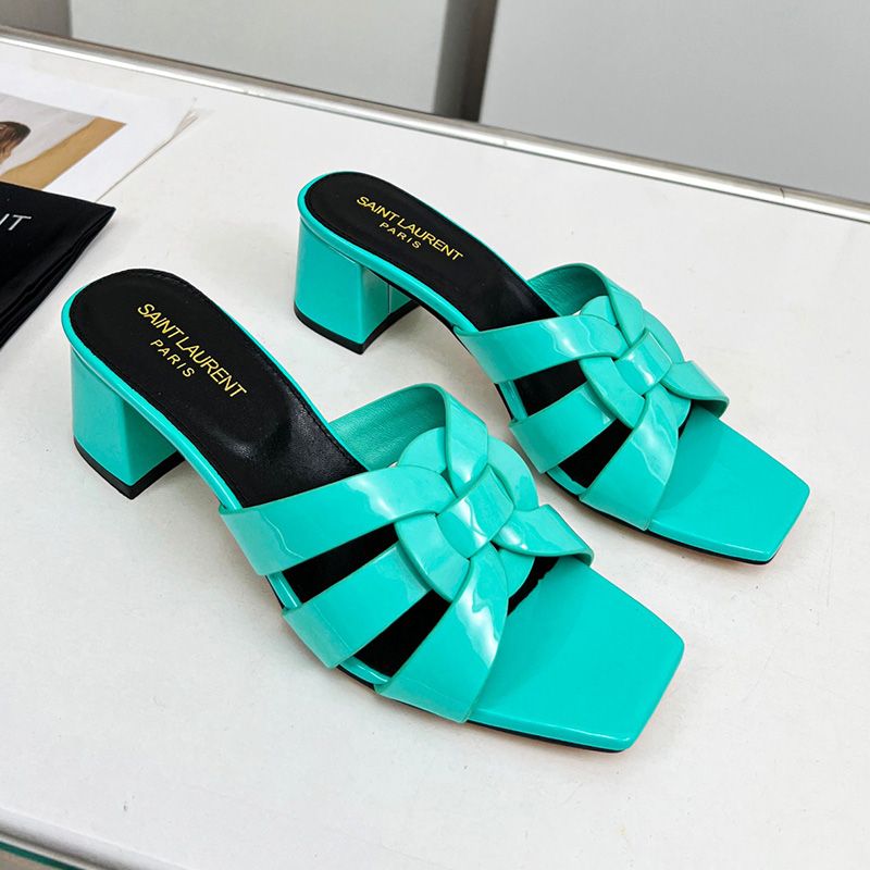 Saint Laurent Tribute Heeled Slides Women Patent Leather Teal