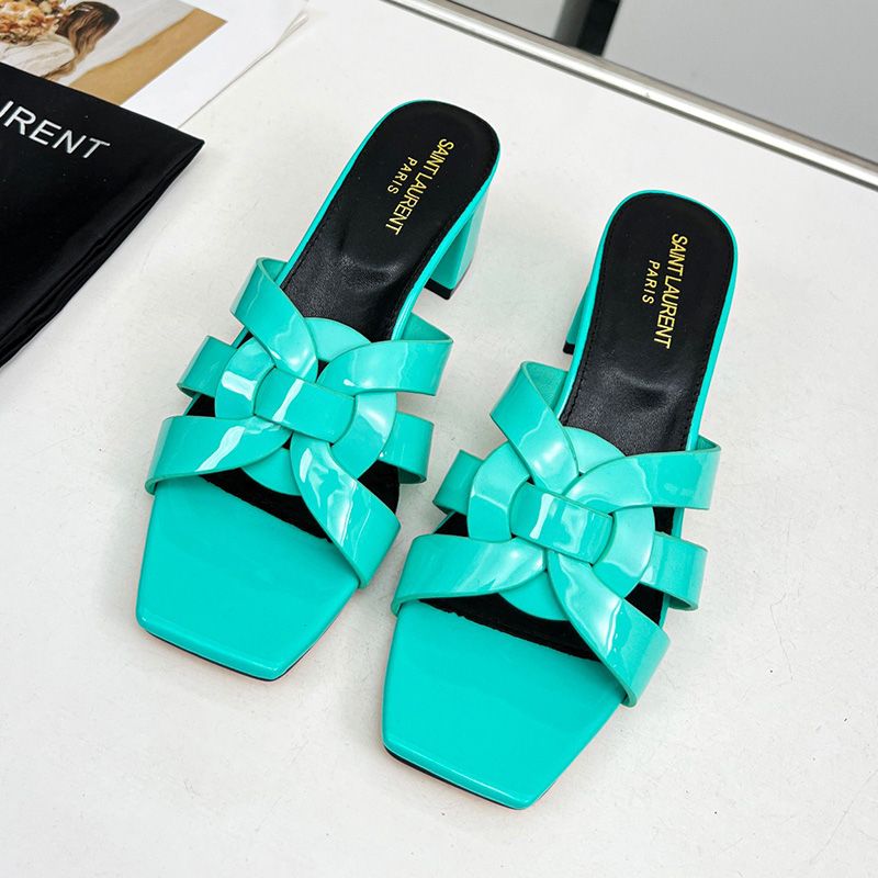 Saint Laurent Tribute Heeled Slides Women Patent Leather Teal