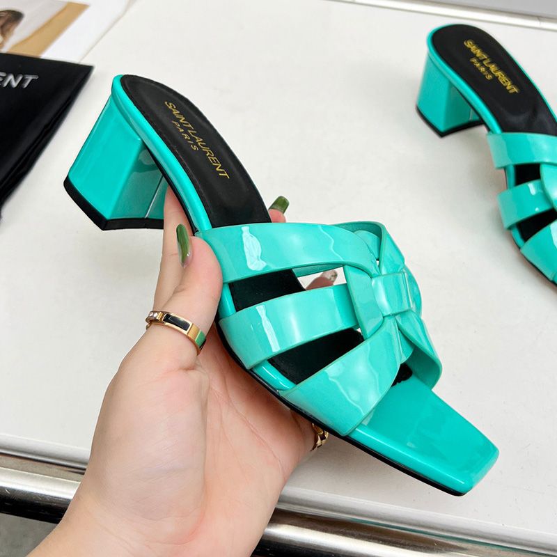 Saint Laurent Tribute Heeled Slides Women Patent Leather Teal