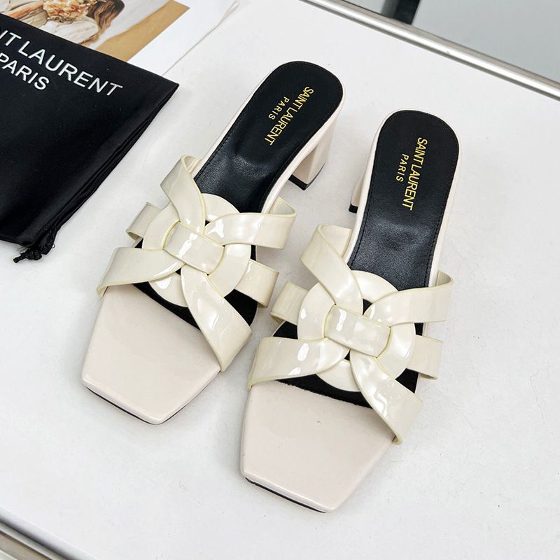 Saint Laurent Tribute Heeled Slides Women Patent Leather White