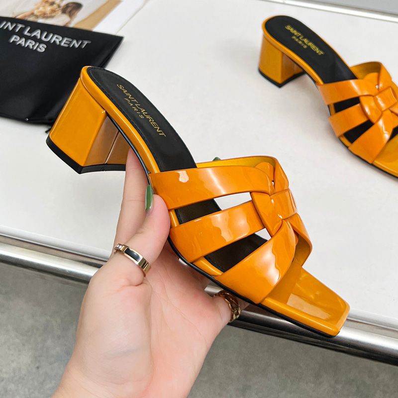 Saint Laurent Tribute Heeled Slides Women Patent Leather Yellow