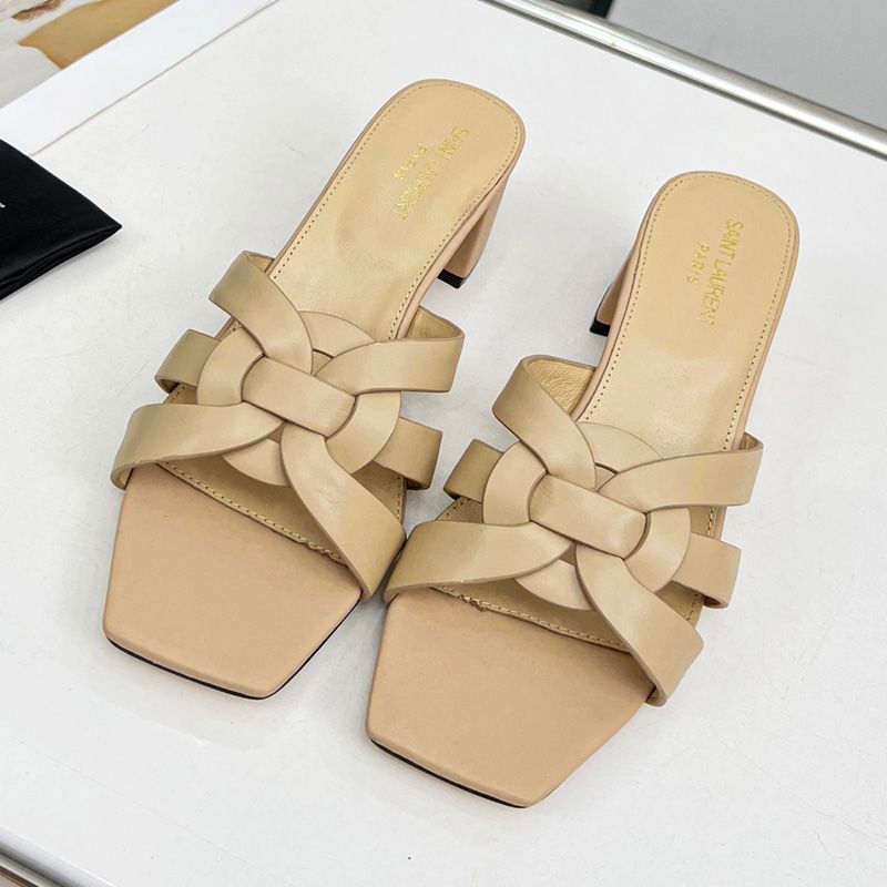 Saint Laurent Tribute Heeled Slides Women Smooth Leather Beige