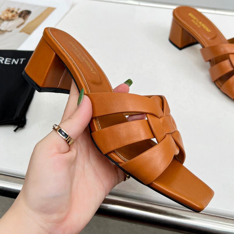 Saint Laurent Tribute Heeled Slides Women Smooth Leather Brown