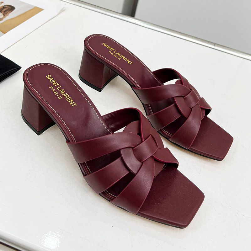 Saint Laurent Tribute Heeled Slides Women Smooth Leather Burgundy