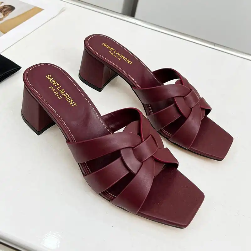 Saint Laurent Tribute Heeled Slides Women Smooth Leather Burgundy