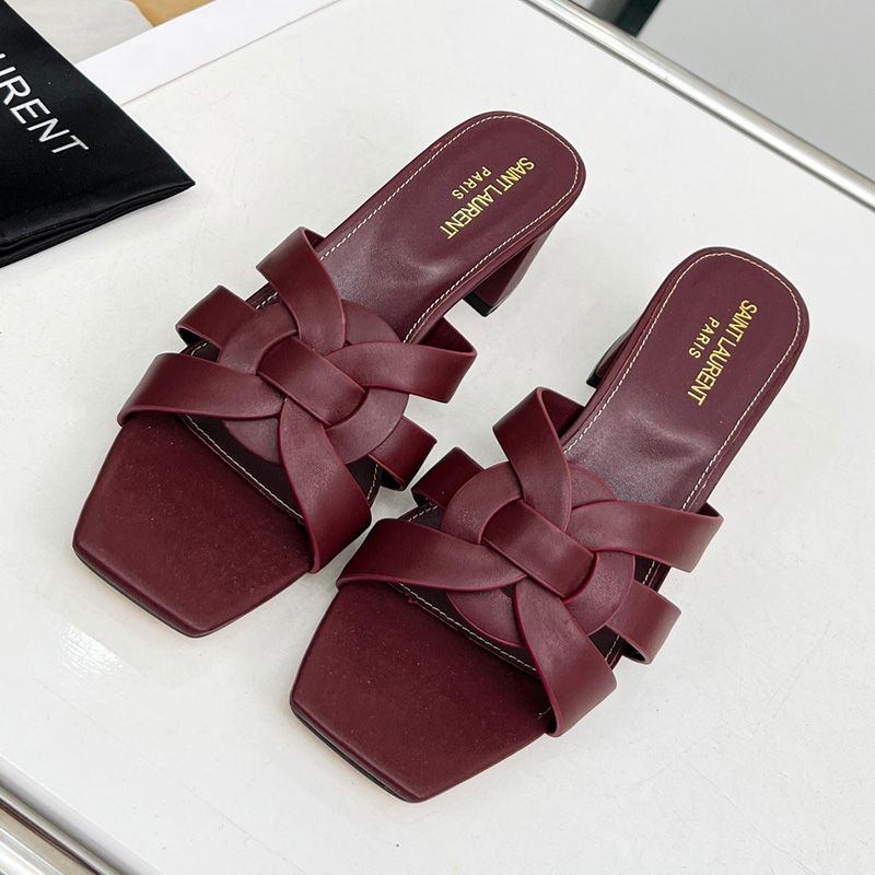 Saint Laurent Tribute Heeled Slides Women Smooth Leather Burgundy