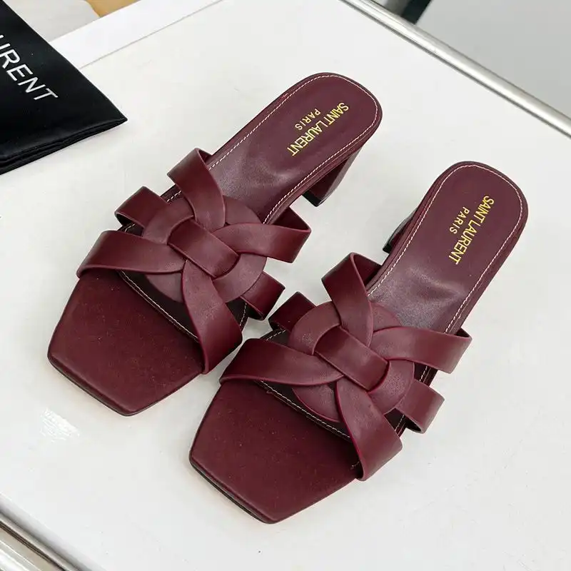 Cheap Saint Laurent Tribute Heeled Slides Women Smooth Leather Burgundy