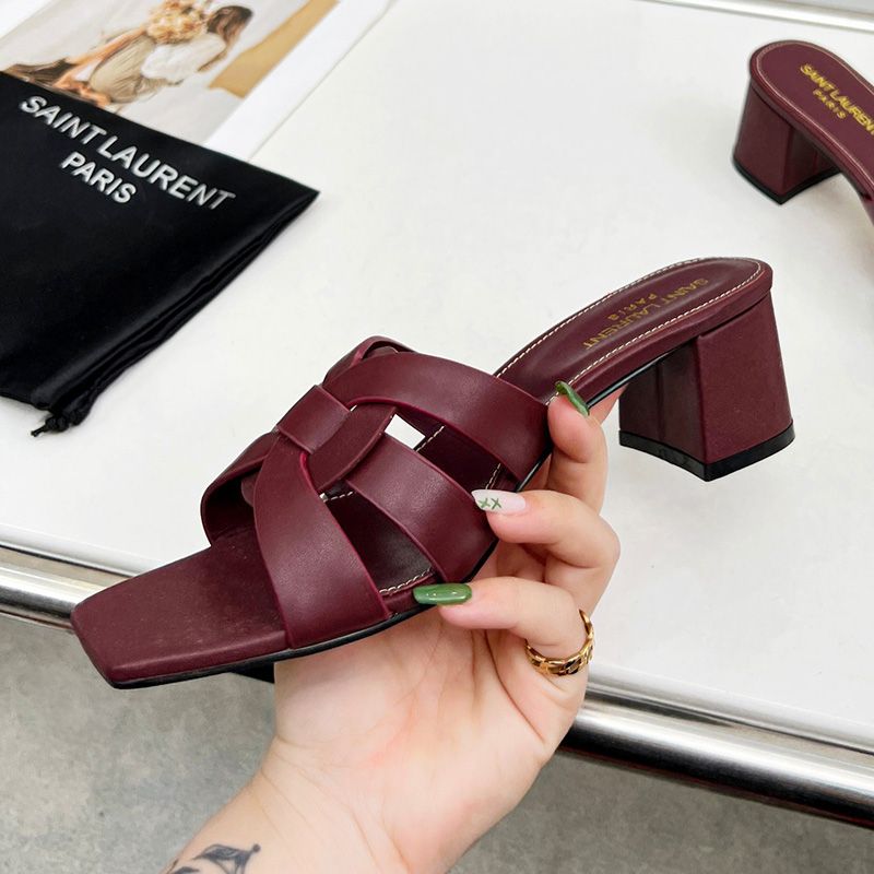 Saint Laurent Tribute Heeled Slides Women Smooth Leather Burgundy