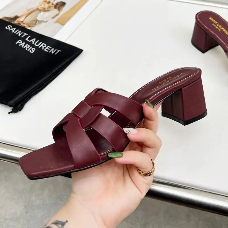 Cheap Saint Laurent Tribute Heeled Slides Women Smooth Leather Burgundy