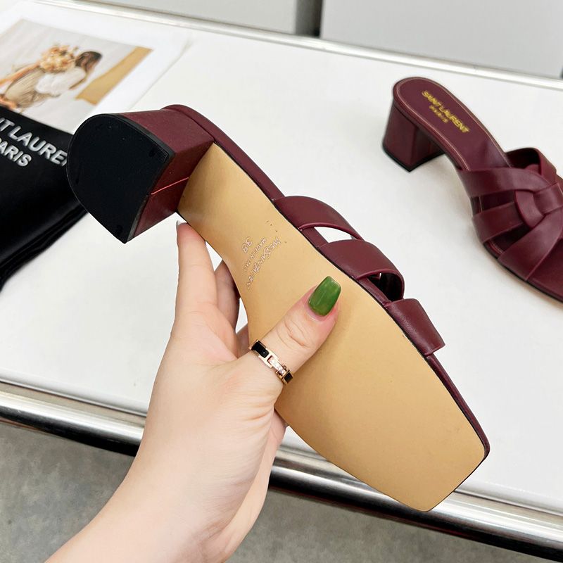 Saint Laurent Tribute Heeled Slides Women Smooth Leather Burgundy