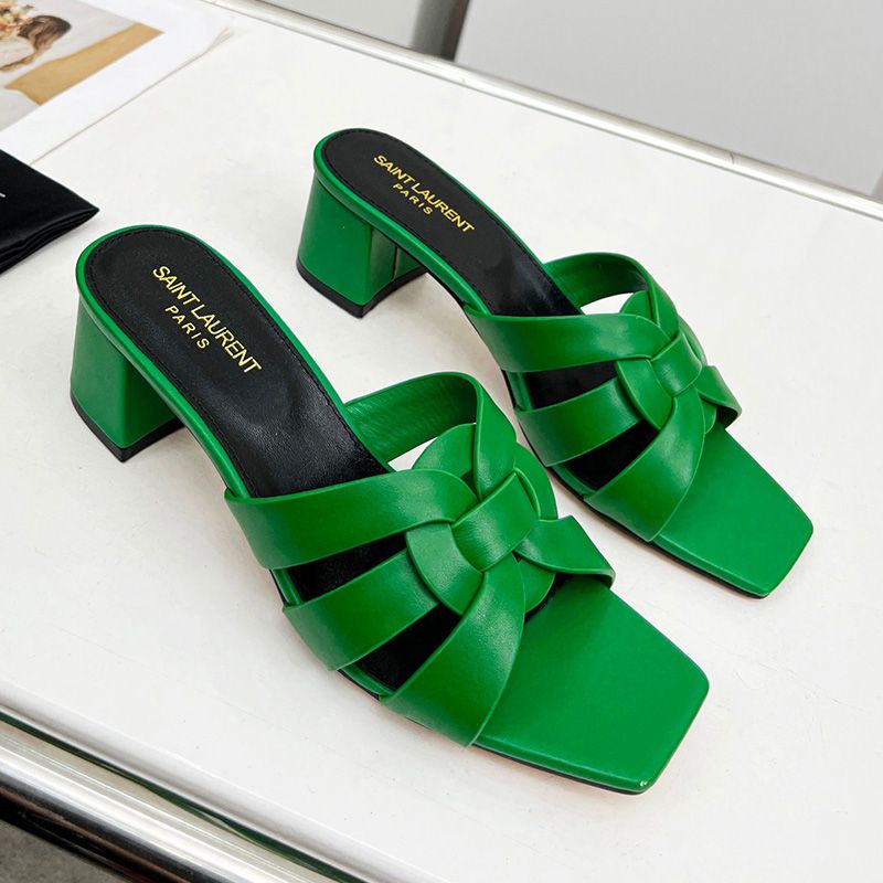 Saint Laurent Tribute Heeled Slides Women Smooth Leather Green