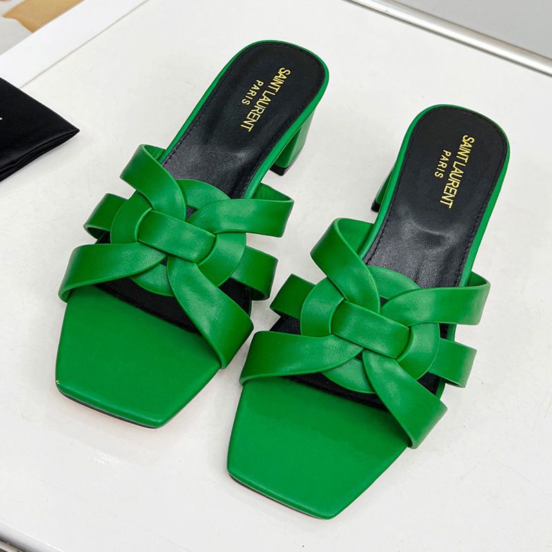 Saint Laurent Tribute Heeled Slides Women Smooth Leather Green