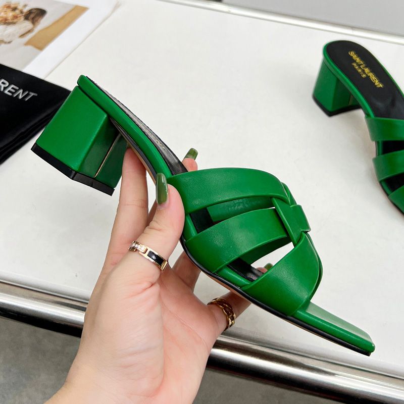 Saint Laurent Tribute Heeled Slides Women Smooth Leather Green