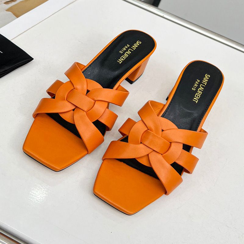 Saint Laurent Tribute Heeled Slides Women Smooth Leather Orange