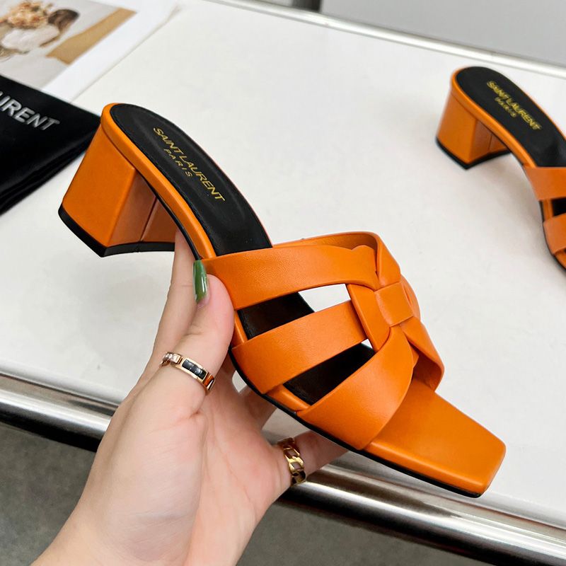 Saint Laurent Tribute Heeled Slides Women Smooth Leather Orange