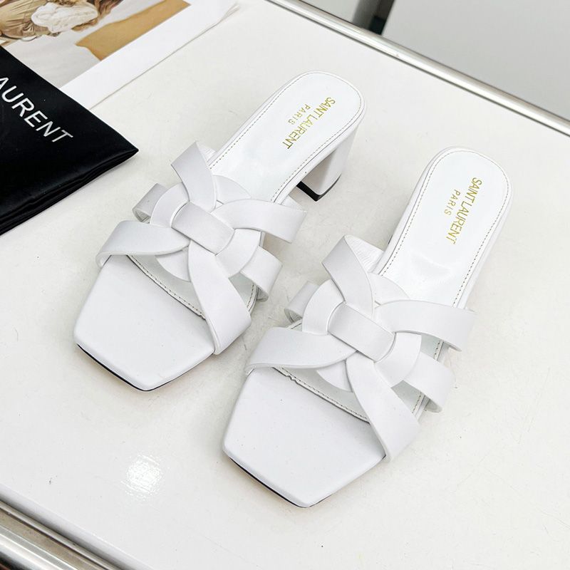 Saint Laurent Tribute Heeled Slides Women Smooth Leather White