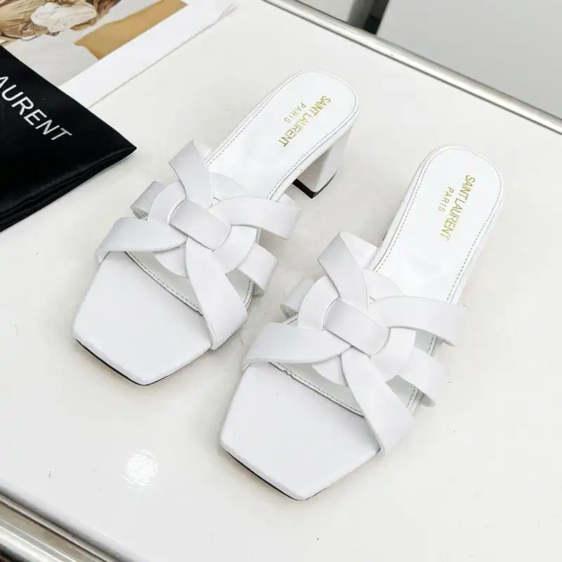 Cheap Saint Laurent Tribute Heeled Slides Women Smooth Leather White