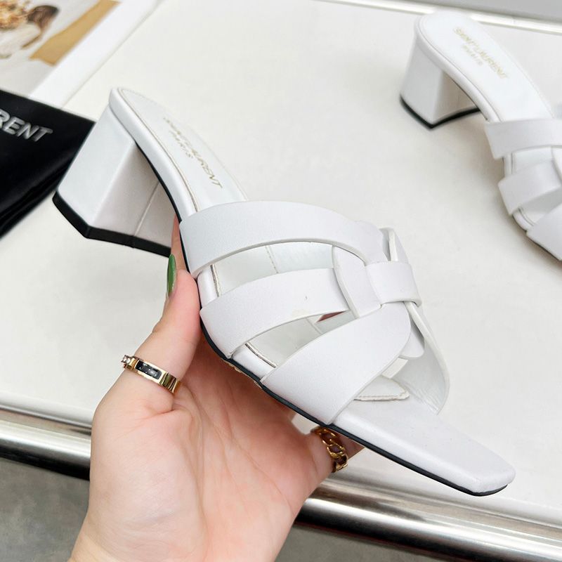 Saint Laurent Tribute Heeled Slides Women Smooth Leather White