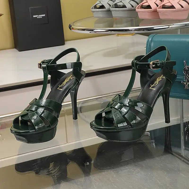 CHEAP Saint Laurent Tribute Platform Sandals Women Patent Leather Green