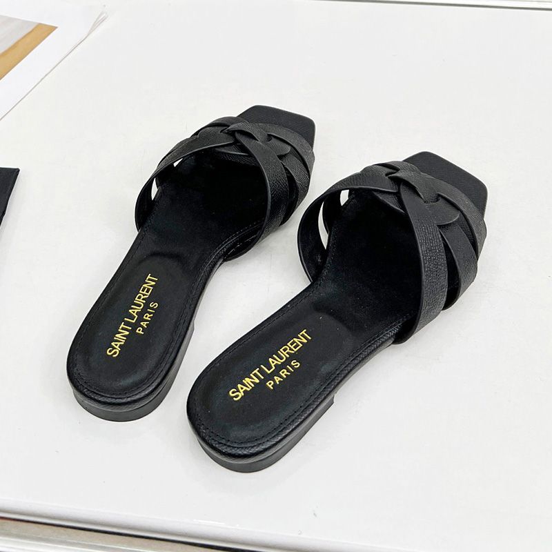 Saint Laurent Tribute Slides Women Grained Leather Black