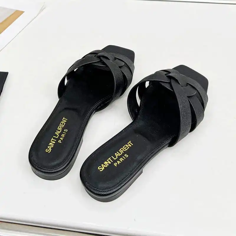 Cheap Saint Laurent Tribute Slides Women Grained Leather Black