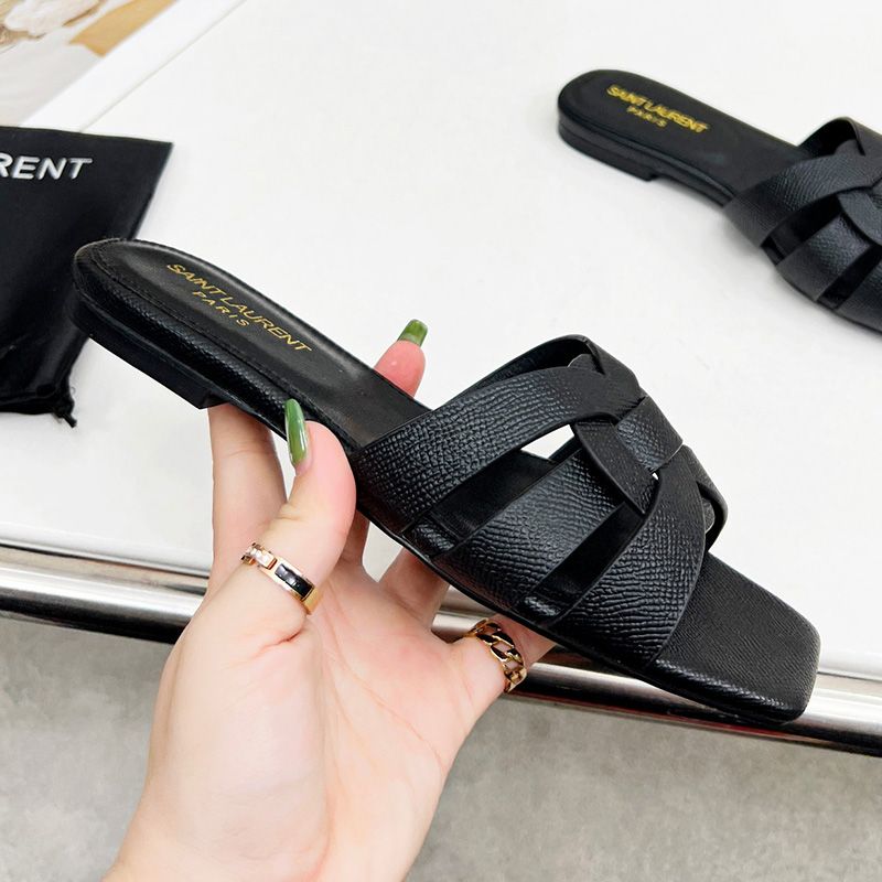 Saint Laurent Tribute Slides Women Grained Leather Black