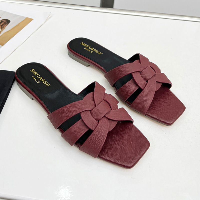 Saint Laurent Tribute Slides Women Grained Leather Burgundy