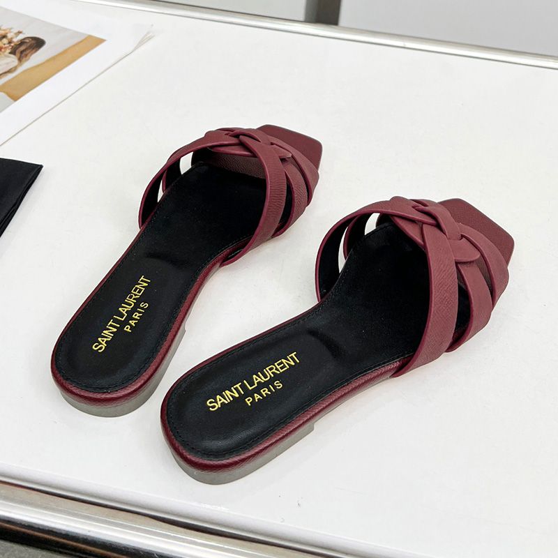 Saint Laurent Tribute Slides Women Grained Leather Burgundy