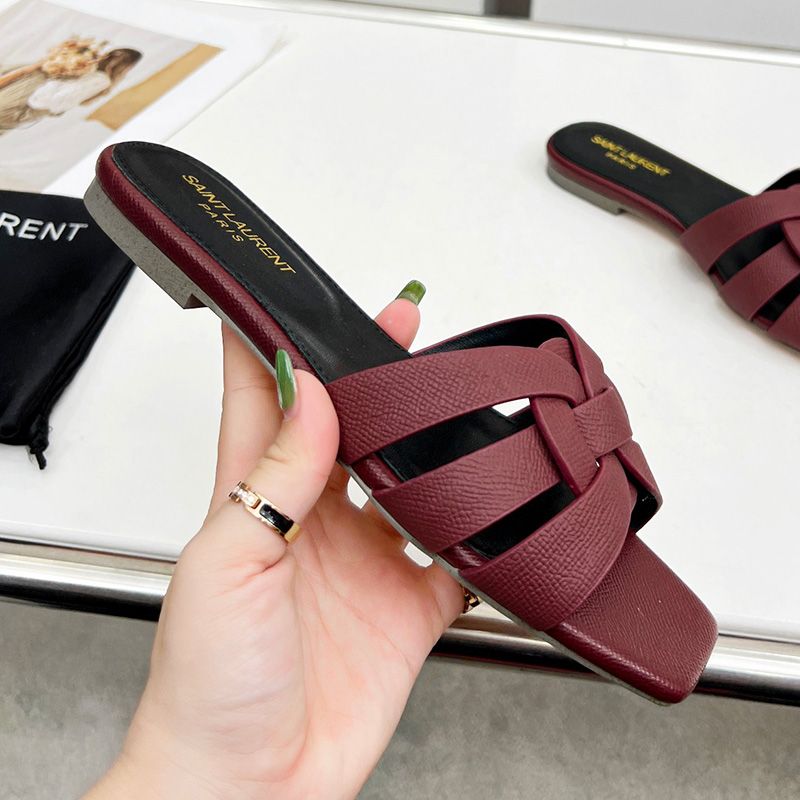 Saint Laurent Tribute Slides Women Grained Leather Burgundy