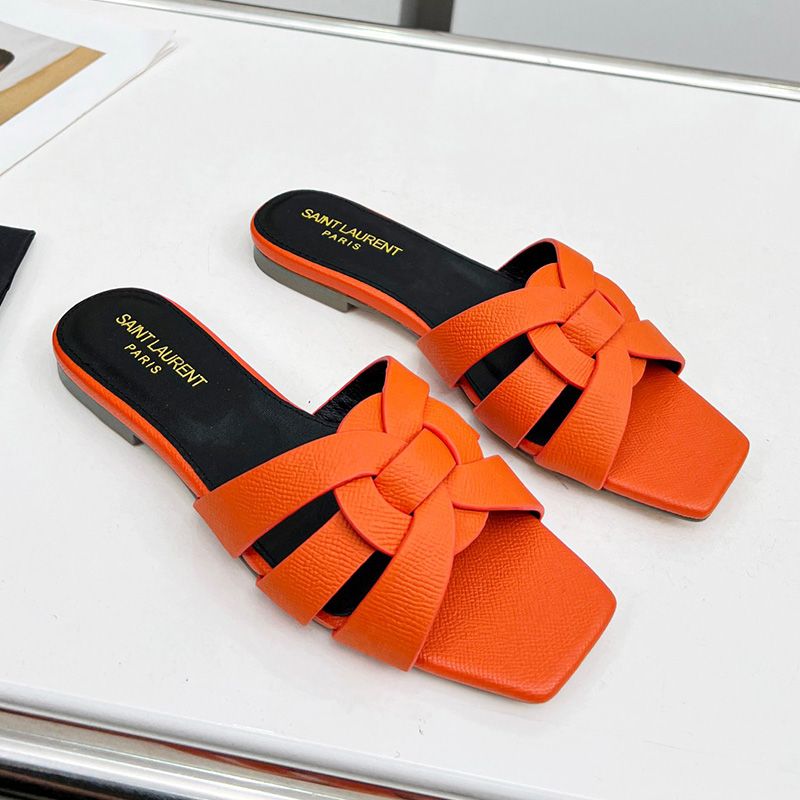 Saint Laurent Tribute Slides Women Grained Leather Orange