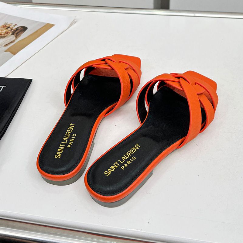 Saint Laurent Tribute Slides Women Grained Leather Orange