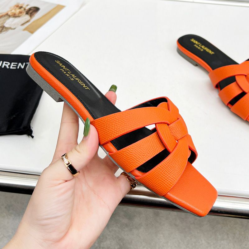 Saint Laurent Tribute Slides Women Grained Leather Orange