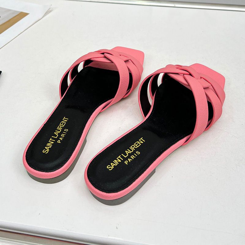 Saint Laurent Tribute Slides Women Grained Leather Pink