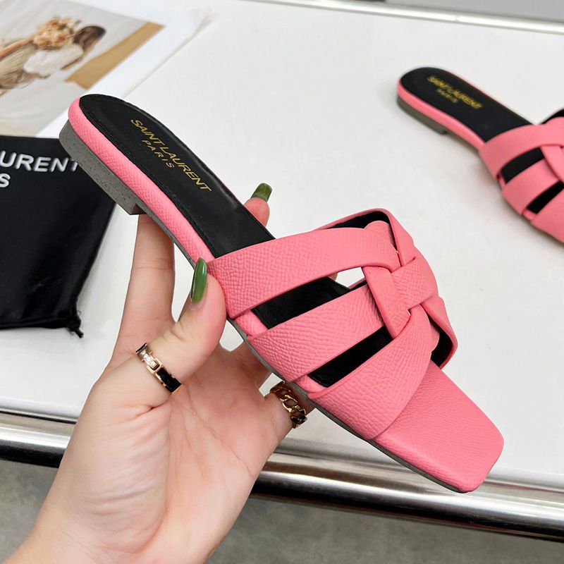 Saint Laurent Tribute Slides Women Grained Leather Pink