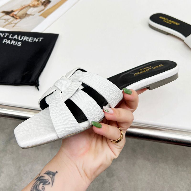 Saint Laurent Tribute Slides Women Grained Leather White