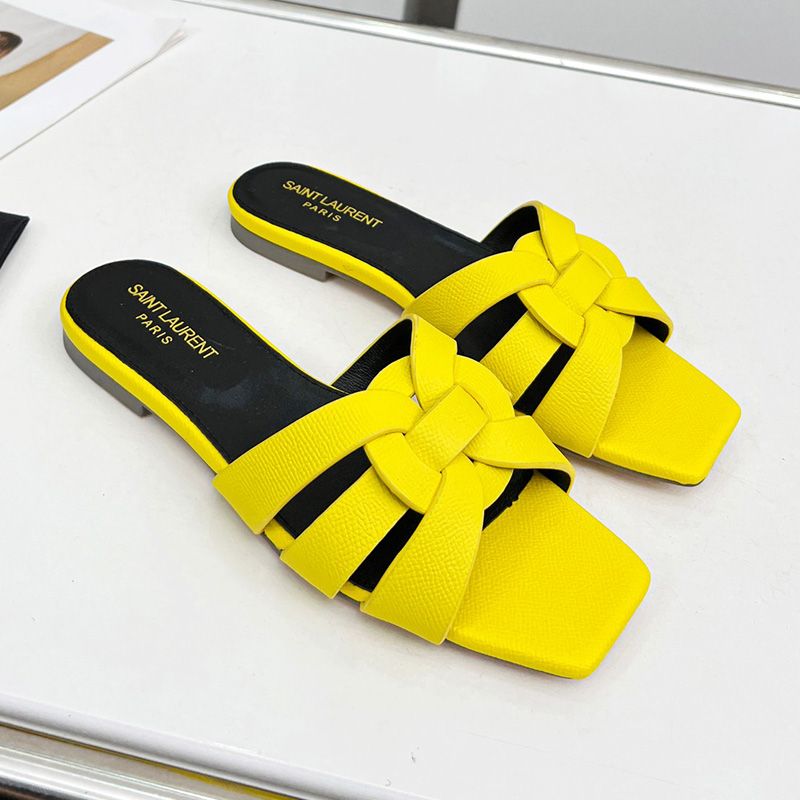 Saint Laurent Tribute Slides Women Grained Leather Yellow