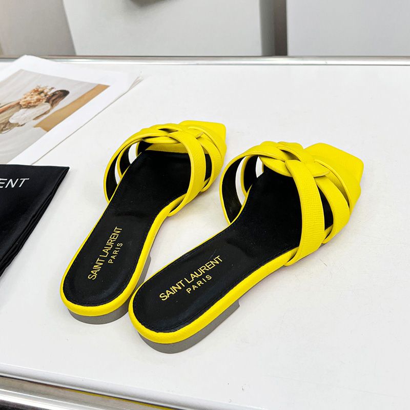 Saint Laurent Tribute Slides Women Grained Leather Yellow