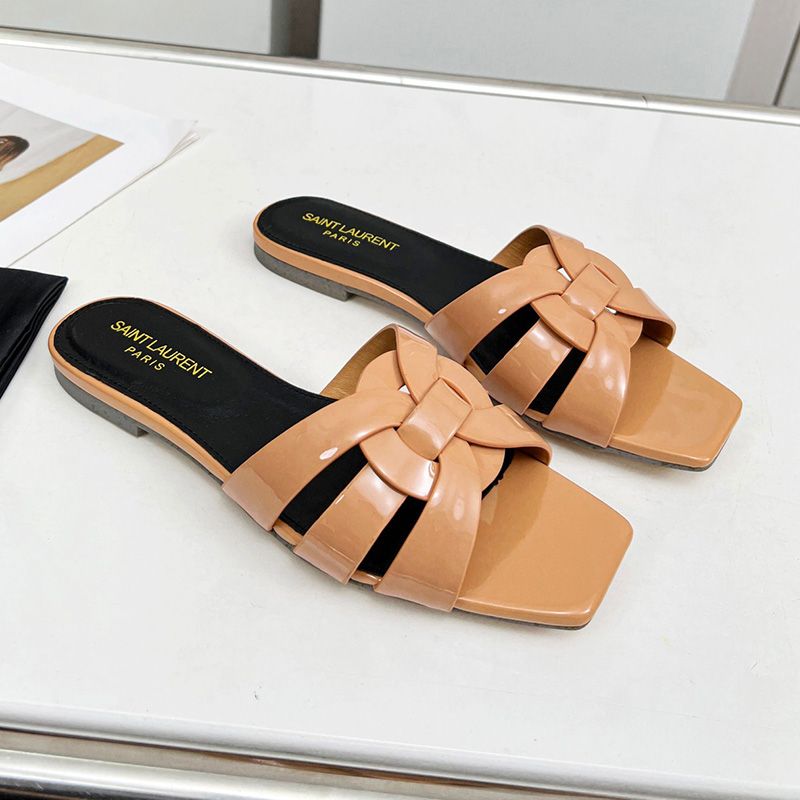 Saint Laurent Tribute Slides Women Patent Leather Camel