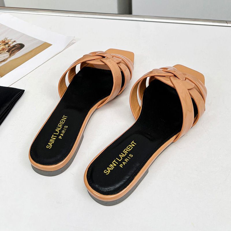 Saint Laurent Tribute Slides Women Patent Leather Camel