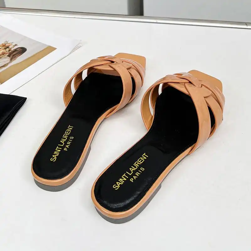 Cheap Saint Laurent Tribute Slides Women Patent Leather Camel