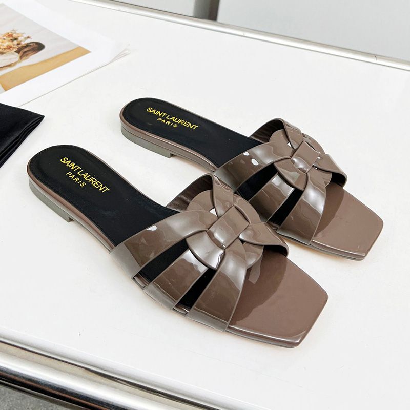 Saint Laurent Tribute Slides Women Patent Leather Coffee