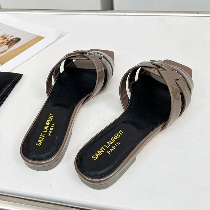 Saint Laurent Tribute Slides Women Patent Leather Coffee