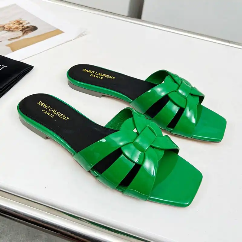 Saint Laurent Tribute Slides Women Patent Leather Green