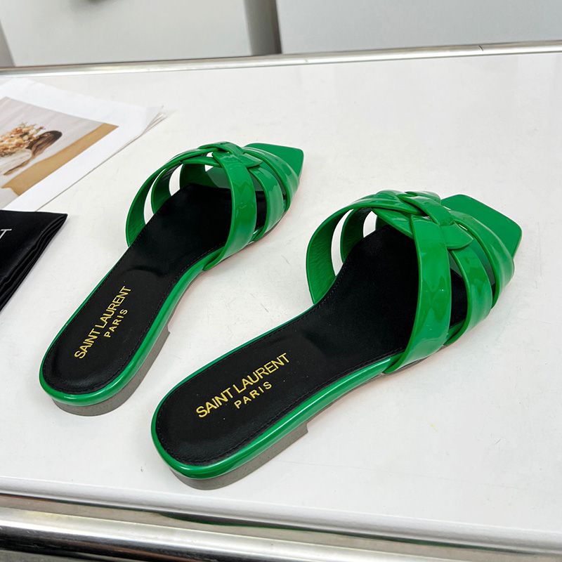 Saint Laurent Tribute Slides Women Patent Leather Green