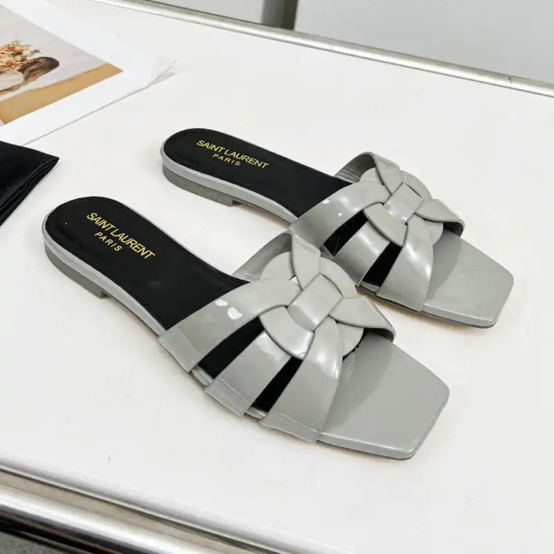 Saint Laurent Tribute Slides Women Patent Leather Grey