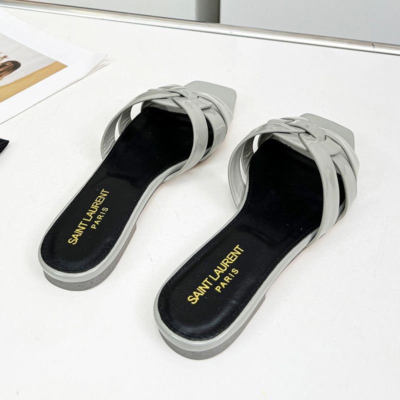 Saint Laurent Tribute Slides Women Patent Leather Grey