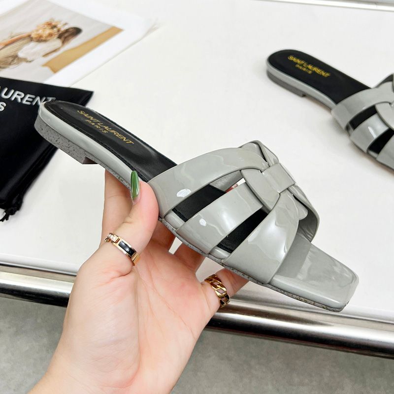 Saint Laurent Tribute Slides Women Patent Leather Grey