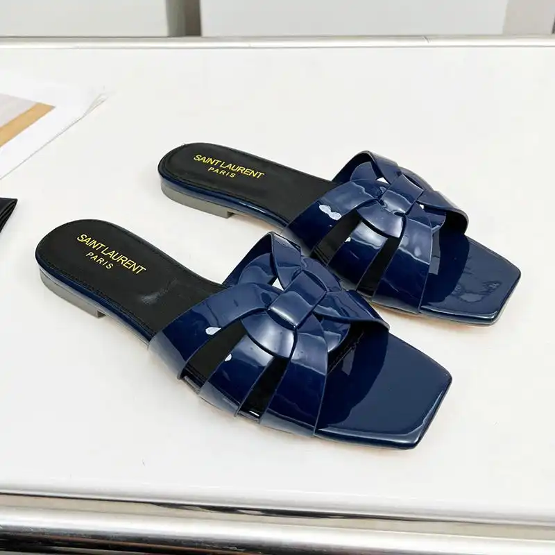 Saint Laurent Tribute Slides Women Patent Leather Navy Blue