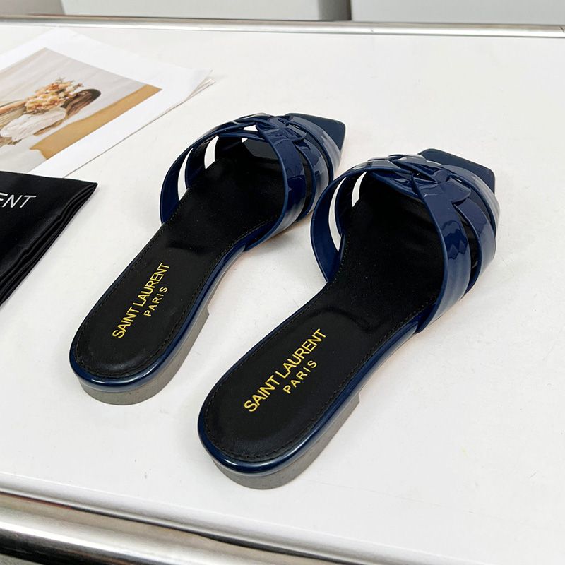 Saint Laurent Tribute Slides Women Patent Leather Navy Blue